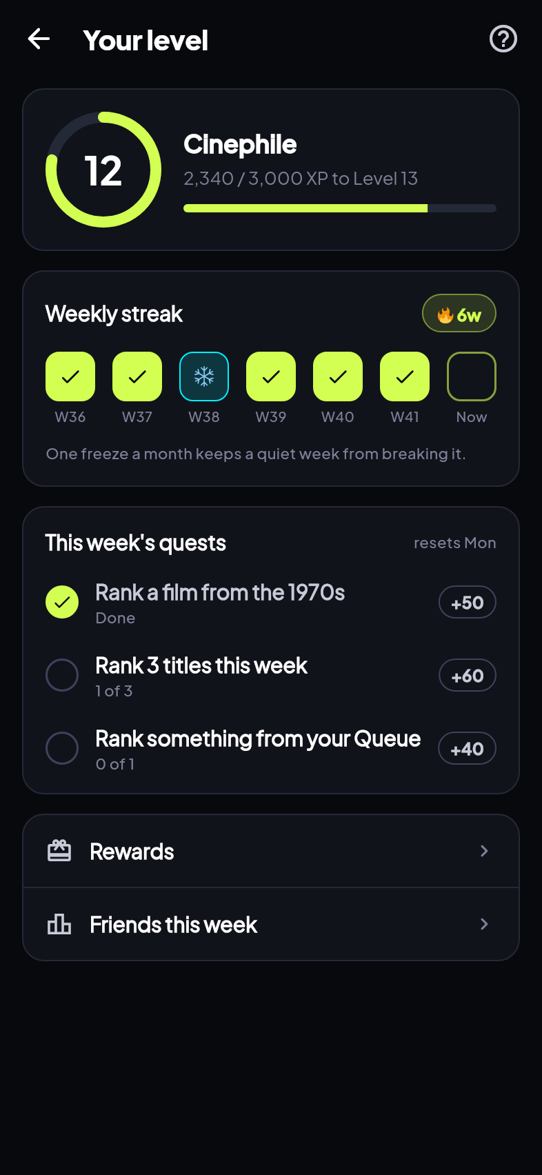 Telly Your level: level 12, a six-week streak and weekly quests