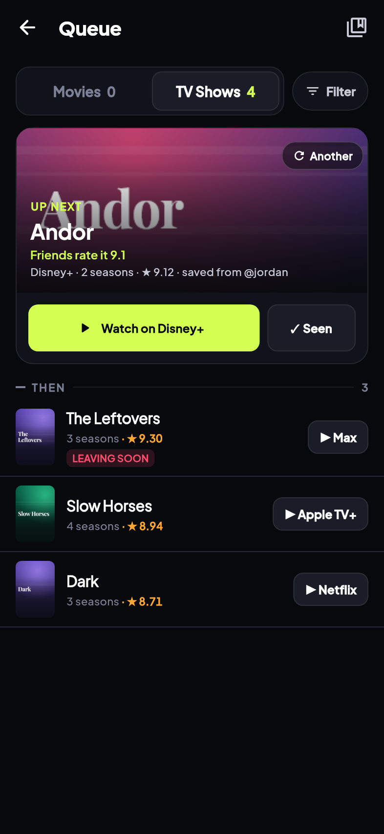 Telly Queue: saved shows with friends' scores and where they stream